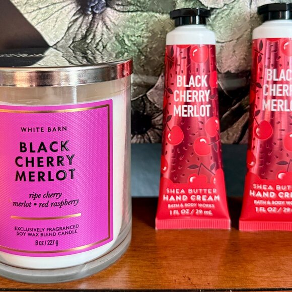 NEW 3-Pc BLACK CHERRY MERLOT Single Wick Candle & 2 Hand Creams BBW - Picture 3 of 3